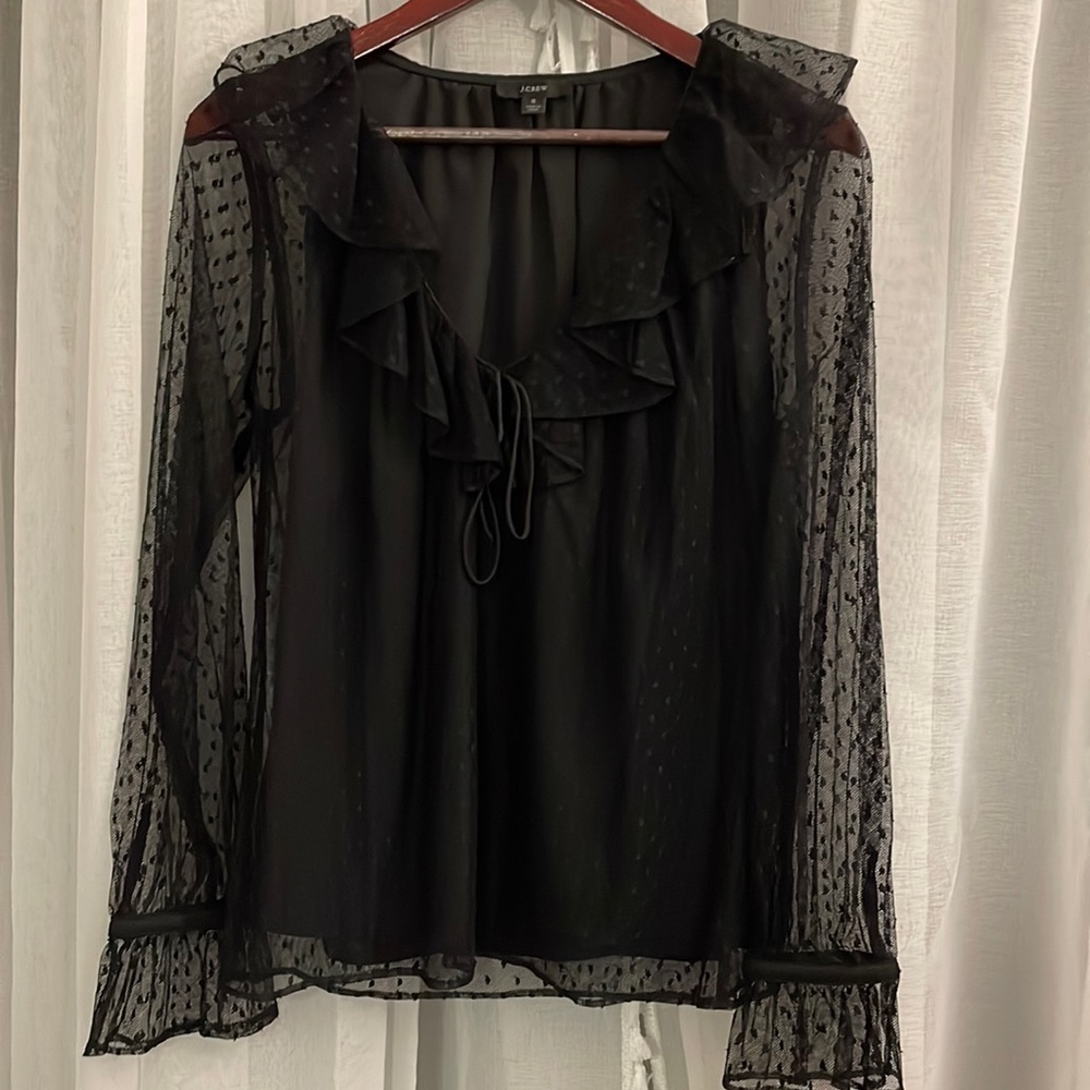 JCrew Black Sheer/Lace Flared Long Sleeve Blouse with Ruffle V-Neck